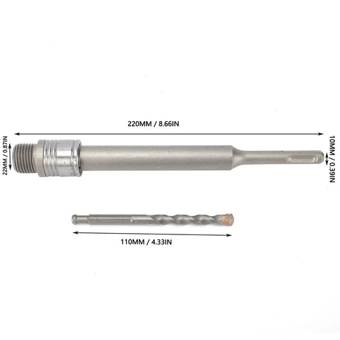 Heavy Duty Hole Saw Arbor Adapter And Drill Rod Connector For Round Shank Electric Hammers, 220mm long steel shaft shown.
