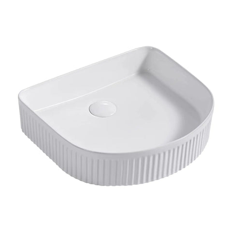 White Oval Vessel Sink 16.3x14.3 Inch Porcelain Ceramic Above Counter Vanity Sink For Modern Bathrooms, ribbed design