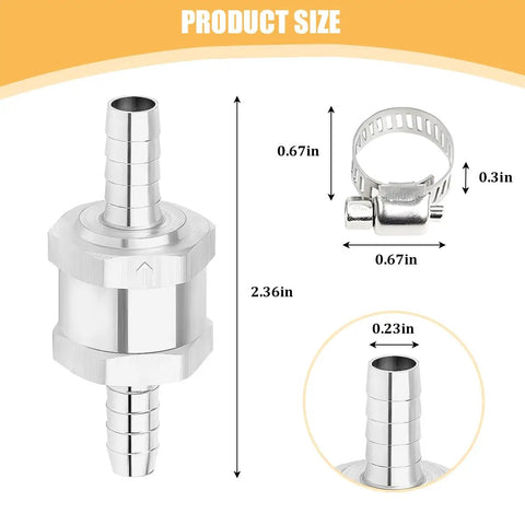 Two Piece One Way Check Valve With Mounting Clamps Rock Solid Aluminum Alloy Flow Regulator dimensions 2.36in x 0.67in x 0.23in for gas oil liquid lines.