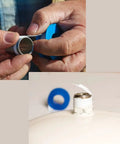 Hands applying Three Quarter Inch PTFE Teflon Tape Pro Grade 520 Inches Long For Plumbers And Pipe Fittings on a pipe joint.