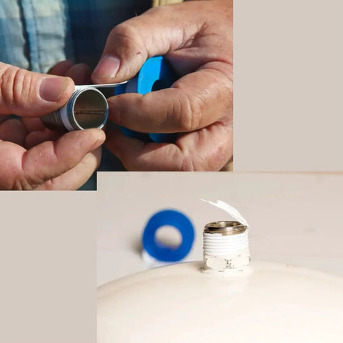 Hands applying Three Quarter Inch PTFE Teflon Tape Pro Grade 520 Inches Long For Plumbers And Pipe Fittings on a pipe joint.