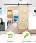 Unfinished Spruce Barn Door 42 X 84 Inches With Heavy Duty Sliding Hardware Kit Knotty Design in modern interior setting.