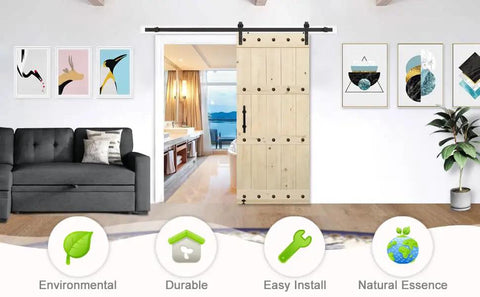Unfinished Spruce Barn Door 42 X 84 Inches With Heavy Duty Sliding Hardware Kit Knotty Design in modern interior setting.