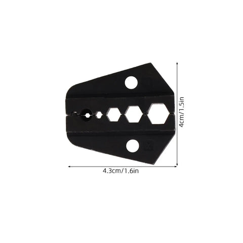 Heavy Duty Air Crimping Die Replacement For Hydraulic Terminal Pliers Machine Fits Open Barrel Copper Wire Connector, black crimping die laid flat.