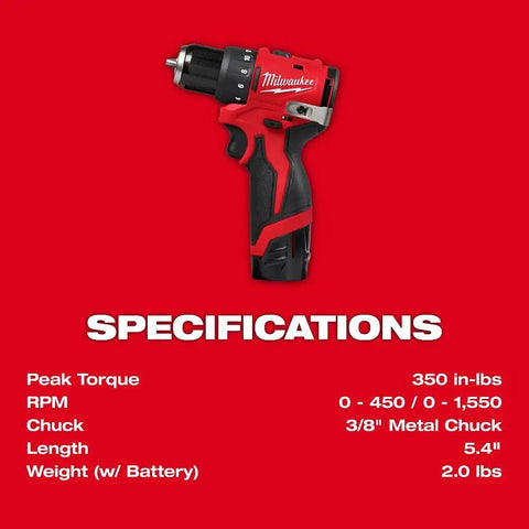 Subcompact Brushless 3/8 Inch Drill Driver Kit For Tight Spaces with specs showing 5.4 inch length and 350 in-lbs torque