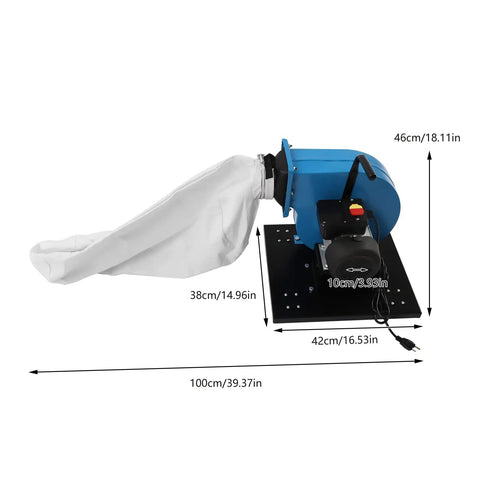 Powerful 1HP Wall Mounted Dust Collector With 550 CFM Strong Suction And 14.8 Gallon Collection Bag, side view with collection bag and dimensions shown.