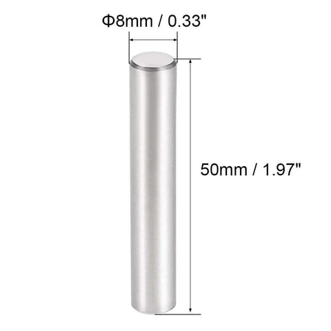 Five Pack 8 Mm By 50 Mm Dowel Pins 304 Stainless Steel Cylindrical Shelf Support Pins For Furniture Hardware And Go To Secure Fastening Silver Tone Rust Resistant, displaying a pin with dimensions.