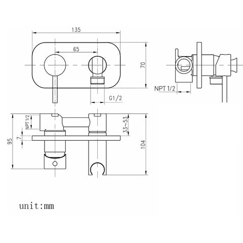 Technical drawing of Concealed Wall Mount Hot And Cold Bidet Spray Set With Brass Mixer Valve Chrome Handheld Sprayer Shattaf