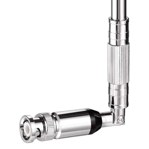 Wideband 20-1300MHz Police Scanner Antenna, 8-Section Telescopic 50 Ohm BNC Male Connector showing bendable joint and metallic finish