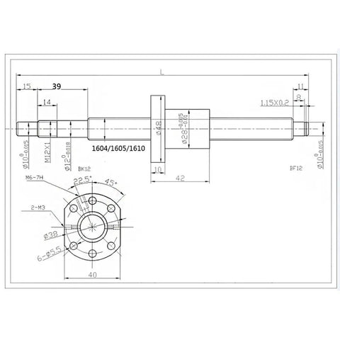 Upgrade Your CNC Setup With A Killer SFU1605 Ball Screw And Nut Kit Featuring Precision Ground 16mm Drive Shaft And Solid BK BF End Supports For Smooth, Rock Solid Performance That Hits The Spot Every Single Time: Technical drawing of SFU1605 ball screw and nut kit dimensions.