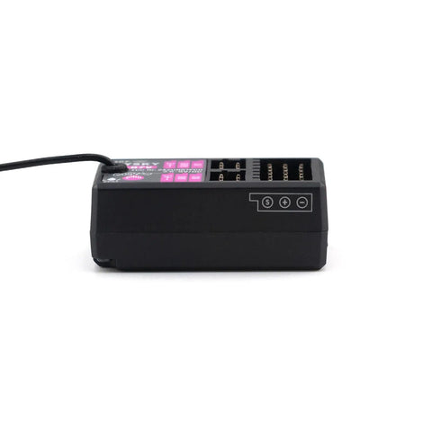 Side view of Flysky FS-R7V Receiver 2.4GHz 7CH ANT Protocol Two Way RC Receiver for Cars and Boats, showing connectors and antenna.