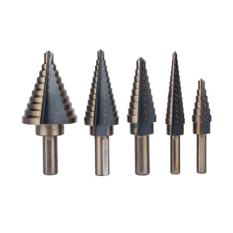 5 Piece HSS Titanium Coated Step Drill Bit Set With Aluminum Case, 50 Sizes From 1/8 To 1-3/8 Inch displayed in vertical alignment