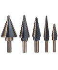 Premium Step Drill Bit Set Featuring Ti-Coated Cobalt HSS For Smooth Holes In Steel Brass And Wood With Anti Slip Hex Shank Grip And Auto Deburring Edges To Keep Your Projects Tight And Ready, five step drill bits