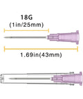 18 Gauge 1 Inch Luer Lock Needles 100 Pack Industrial Pro Grade Stainless Steel Individually Wrapped, side and close-up view.