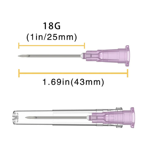 18 Gauge 1 Inch Luer Lock Needles 100 Pack Industrial Pro Grade Stainless Steel Individually Wrapped, side and close-up view.