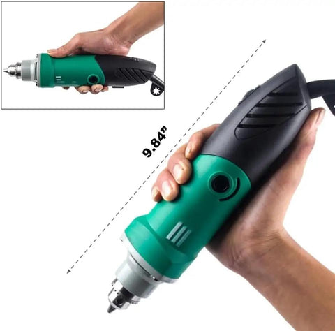 Reliable Workhorse Electric Die Grinder With 480W Motor And Six Step Variable Speed Dial in hand, 9.84 inches in length.