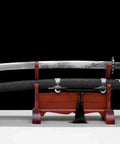 Hand Forged Qing Dynasty Dao Sword With High Manganese Steel Blade And Alloy Fittings Wood Scabbard Wrapped In Faux Leather displayed