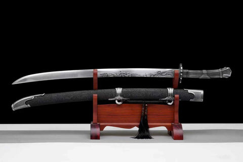 Hand Forged Qing Dynasty Dao Sword With High Manganese Steel Blade And Alloy Fittings Wood Scabbard Wrapped In Faux Leather displayed