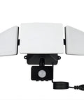 Plug In Motion Sensor Light With 3 Adjustable Heads 35W LED Outdoor Flood Light No Nonsense IP65 Waterproof Exterior Security Lighting For Garage Yard Porch Patio 6500K Cool White Black Finish, featuring three white LED panels and a motion sensor, shown with plug and adjustable design.