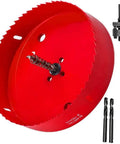 6-3/8 Inch Hole Saw With Heavy Duty Arbor For Can Light Recessed Light DIY Friendly Pro Grade Cut Through Wood Plastic Drywall And Thin Metal With 1-1/2 Inch Cutting Depth HSS Bi-Metal Hole Cutter, showing red bi-metal hole saw and accessories