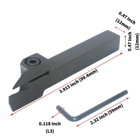 Beefy Grooving Tool Holder MGEHR1212-2 with dimensions for CNC Lathe, alloy steel body, includes Allen key and MGMN200 blades
