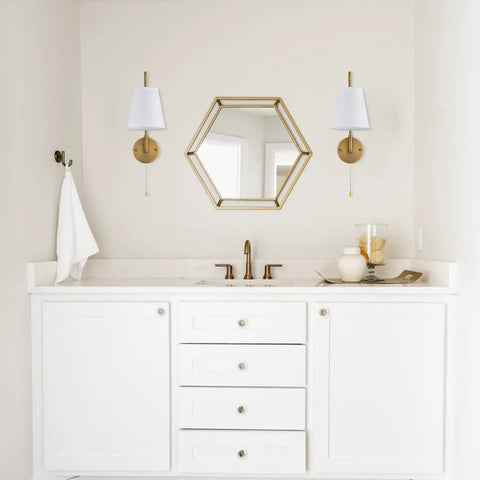 Set Of 2 Swing Arm Wall Sconces Hardwired 180 Degree Adjustable Left Right Antique Brass Fabric Lighting Vintage Farmhouse Bedroom Living Room With Pull Chain in bathroom above sink