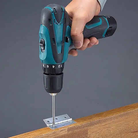 Portable 12V Cordless Drill And Electric Screwdriver With Two Speed Toggle Fast Snap Chuck Rechargeable Battery Compact Shape in use, attaching metal hinge.