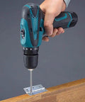 Compact 12V Cordless Power Drill With Slick Quick Chuck And Two Speed Modes Lightweight Badass Electric Screwdriver in use on metal hinge.
