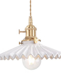 White Pleated Ceramic Shade Brass Vintage Pendant Light With Adjustable 59 Inch Chain For Kitchen Island Dining Room Hallway Includes G45 6W 2700K Bulb Hardwired With Rotary Switch close-up