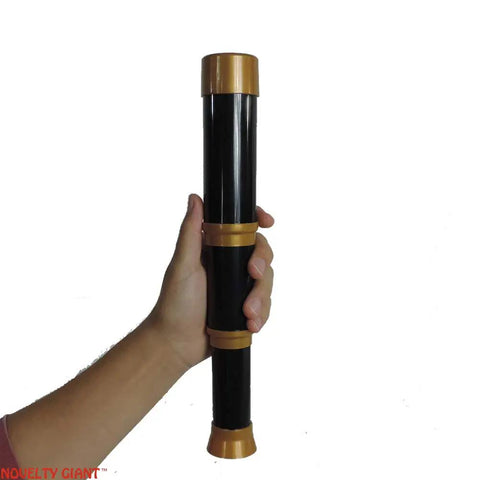 Black And Gold Collapsible Telescope Costume Prop For Theater And Cosplay, Extends From 7 Inch Closed To 12.5 Inch Open, Plastic Build With Realistic Pirate Style Look For Dress Up, Stage Performances, And Costumes For Teens 14 And Up. Black and gold plastic telescope prop held in hand, collapsed