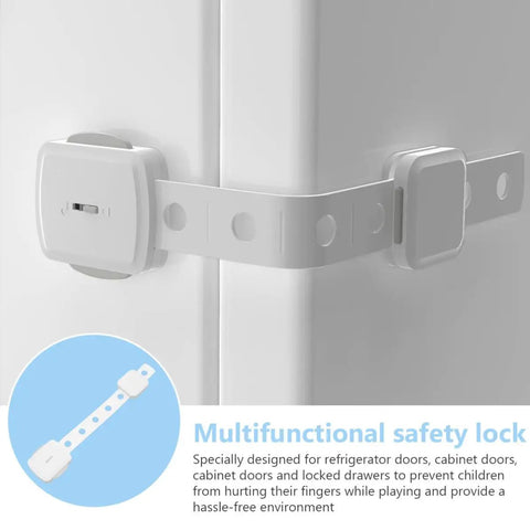 Close-up of white plastic safety lock on refrigerator door from Five Pack Plastic Safety Cabinet Locks And Drawer Latches Set For Doors And Refrigerators No Glue Design White Simple Style For Home Safety And Kid Proofing