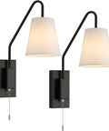 Hardwired Sconce Set of 2 for Bedside Wall Mount With Pull Chain, white fabric shades, sloped arm, E26 socket, black finish.
