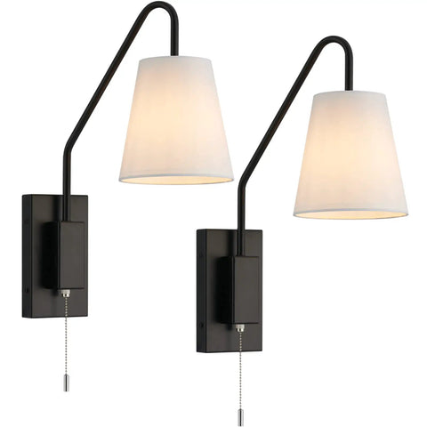 Hardwired Sconce Set of 2 for Bedside Wall Mount With Pull Chain, white fabric shades, sloped arm, E26 socket, black finish.