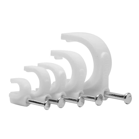 Round Cable Wire Clips Set For Wall Mounting And Cable Management in 5 sizes with nails, white, side view.