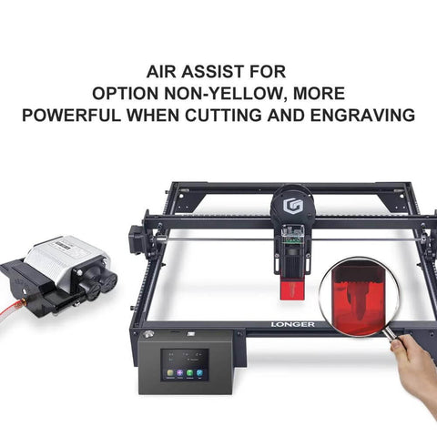 Front view of Longer laser engraver with air assist kit; black frame and touch control panel