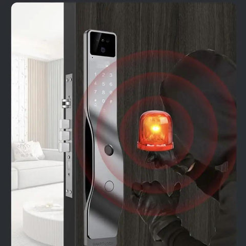 Slick Smart Door Lock Featuring Built In Camera Voice Intercom And Fast Fingerprint Scan Password Entry Along With Hella Secure Auto Deadbolt Delivering Darn Top Shelf Protection Always with warning light.