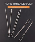 Upgraded DIY Rope Threader Clip Set With Stainless Steel Hooks And Latch For Jackets Coats Pants Hoodies Shorts Sweaters Handy Drawstring Threader Tool 4 Pieces displayed on black background