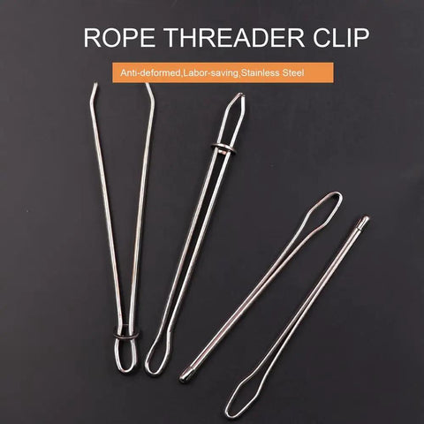 Upgraded DIY Rope Threader Clip Set With Stainless Steel Hooks And Latch For Jackets Coats Pants Hoodies Shorts Sweaters Handy Drawstring Threader Tool 4 Pieces displayed on black background