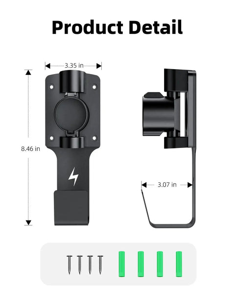 EV Charger Holder With 180 Degree Rotating Nozzle Dock, Heavy Duty Metal J Hook Wall Mount dimensions 8.46x3.35 in.