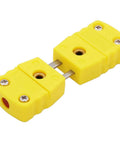 Yellow K-type thermocouple plug adapter pair with male and female ends and screw terminals