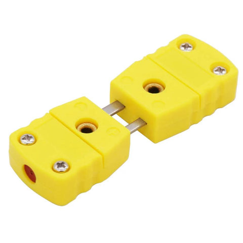 Yellow K-type thermocouple plug adapter pair with male and female ends and screw terminals