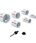 Heavy Duty Bi Metal Hole Saw Kit 7 Piece With Case for wood and metal cutting, including 1 inch and 1 and a quarter inch saws.