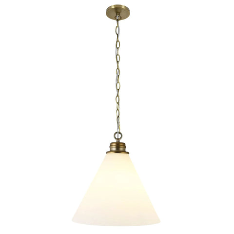 15.88 Inch Wide Pendant Light With Glass Shade In Brass And White Milk Glass, Dope Modern Entryway Or Kitchen Fixture, E26 Base Compatible, Supports 60W Incandescent Or 9W LED Bulbs, Handcrafted Brass Finish