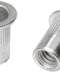 120 Piece Aluminum Rivet Nut Set 1/4-20 UNC Rivnuts Nutserts for DIYers, Auto and Home Projects, close-up of two silver rivet nuts