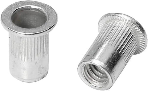 120 Piece Aluminum Rivet Nut Set 1/4-20 UNC Rivnuts Nutserts for DIYers, Auto and Home Projects, close-up of two silver rivet nuts