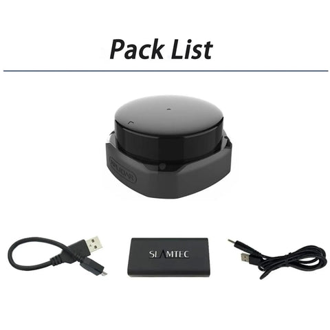 Beefy dToF LiDAR Sensor With 30 Meter Range, 32,000 Samples Per Second, IP65 Dust And Water Resistant, Built For Real Robot Navigation pack list showing sensor, two cables, and USB adapter.