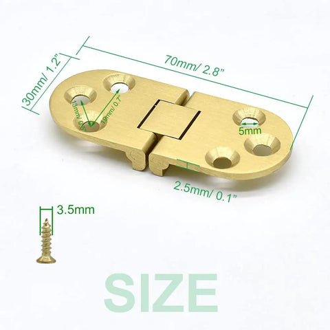 Top Tier 4 Piece Solid Brass Butler Tray Hinges That Flip Smooth And Hold Fast For Folding Tables And Sewing Machine Stands Heavy Duty Rust Resistant Furniture Hardware Kit With Screws, 70mm long with measurements.