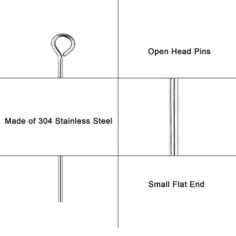 Open Eye Pins for Jewelry Making 304 Stainless Steel 24 Gauge 0.6x20mm Silver 600 Pcs Box Great for Beading Earrings Necklaces Bracelets Dangles Charms and DIY Findings, open-end pin close-up