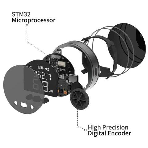 Exploded view of Rechargeable Digital Tape Measure For Long Distance Measuring showing STM32 microprocessor and digital encoder components.