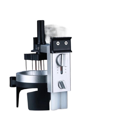 Smooth Operator Rotary Coffee Stirrer Needle Tool That Kicks Compacted Bean Clumps Out Of Filter Baskets For Easy Daily Espresso Pulls And Home Brew Sessions, silver and black.